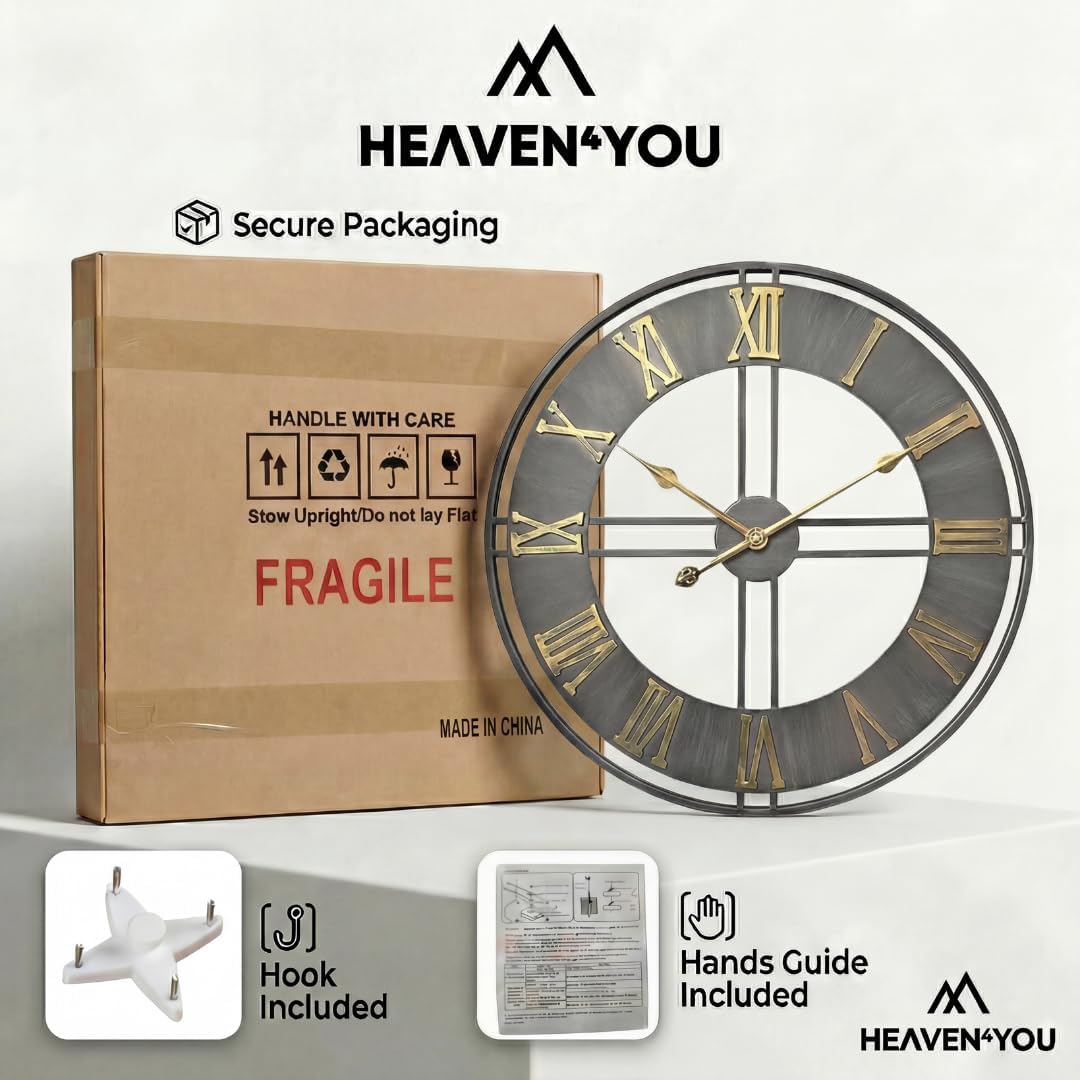 Heaven4you Industrial Roman Numeral Wall Clock – Silver & Gold, 60cm/24 Inch