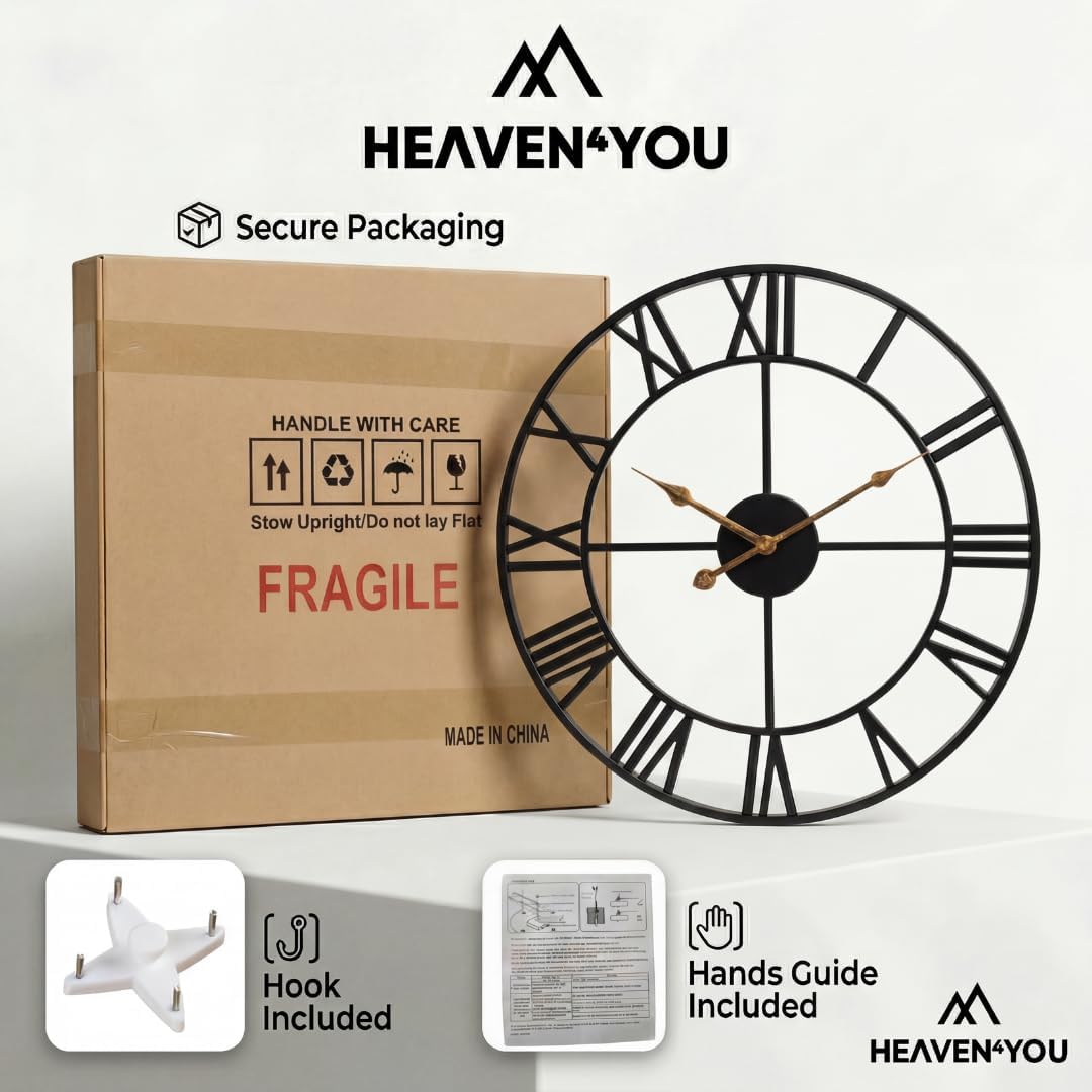 Heaven4you Large Premium Wall Clock – Roman Numerals, 60cm Black
