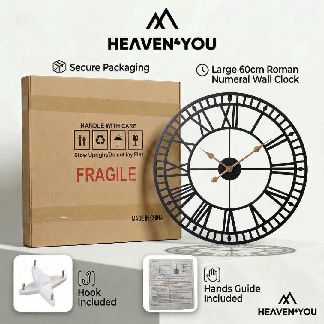 Heaven4you Large Giant Open Face Metal Roman Numeral Wall Clock – Black & Gold, 60cm