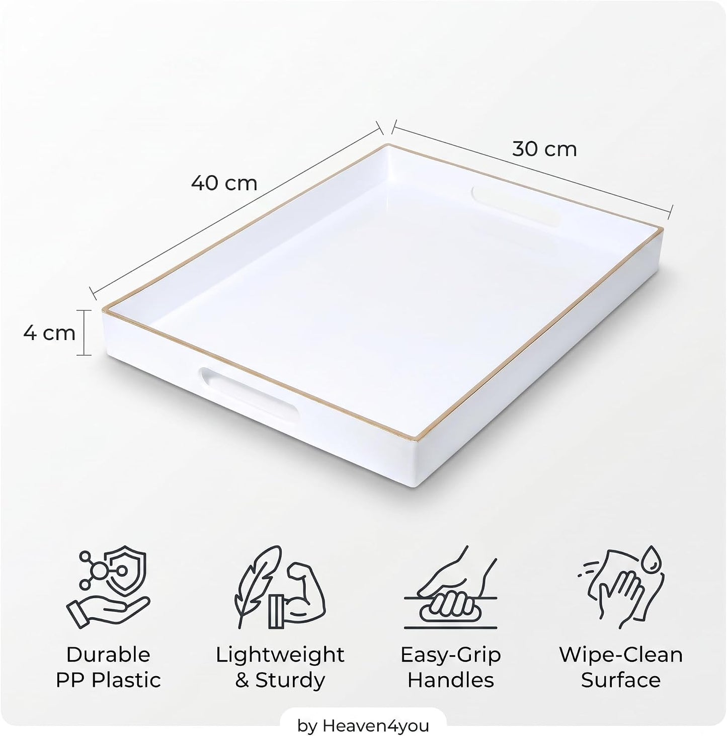 Heaven4you Premium Luxury Decorative Rectangular Serving Tray with Handles – Gloss White & Gold, 40x30cm
