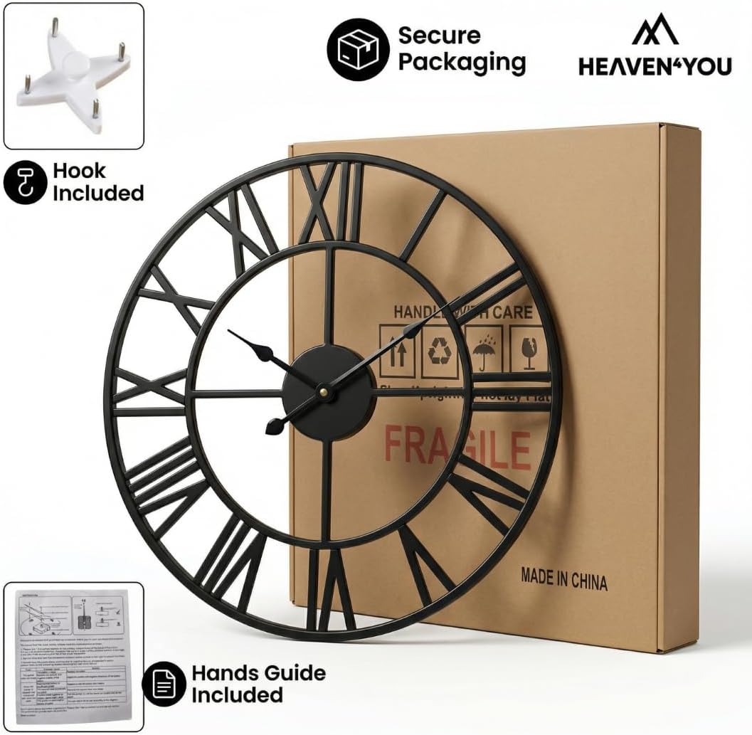 Heaven4you Large Wall Clock – Big Roman Numerals Metal Round Open Face, 60cm