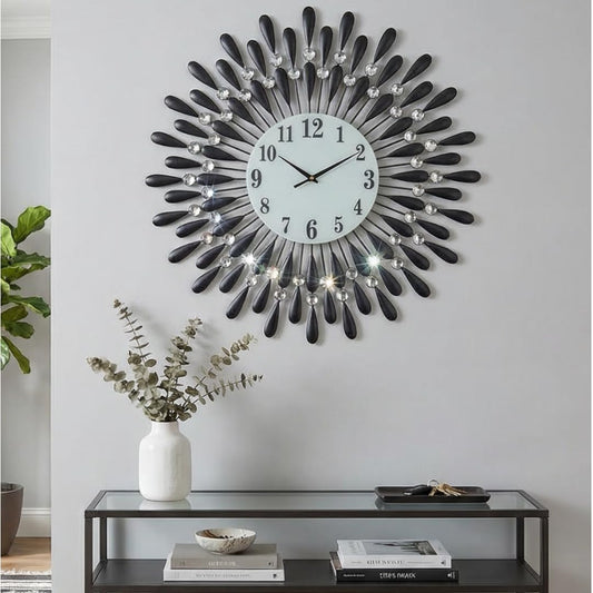 Heaven4you Large Diamond Jeweled Sunburst Wall Clock – Crystal 3D, 60cm Black