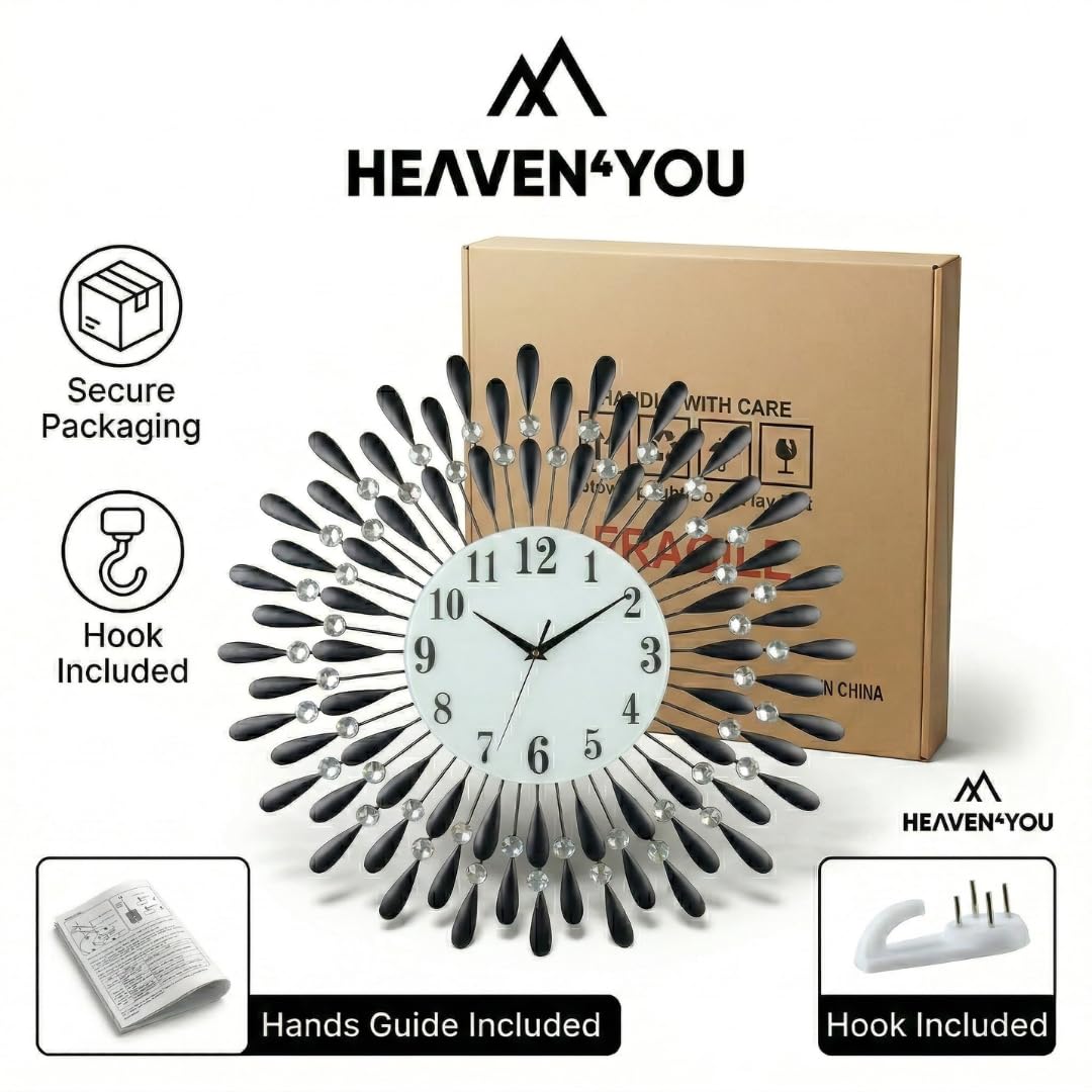 Heaven4you Large Diamond Jeweled Sunburst Wall Clock – Crystal 3D, 60cm Black