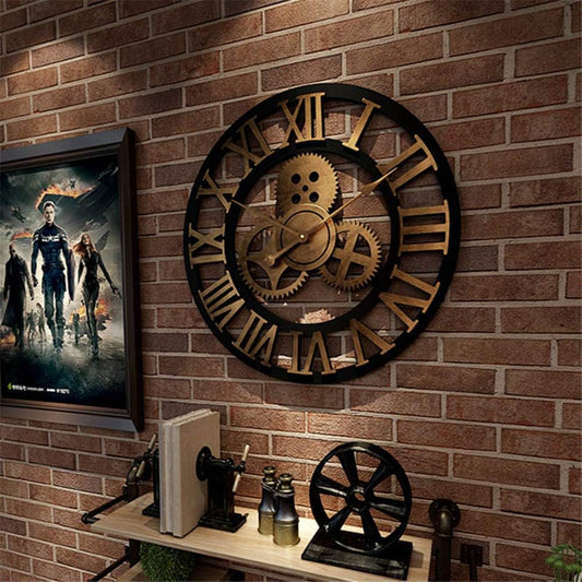 Large Indoor Wall Clock Big Roman Numerals Giant Open Face Wood/Metal for Living Room Bar Office 60cm