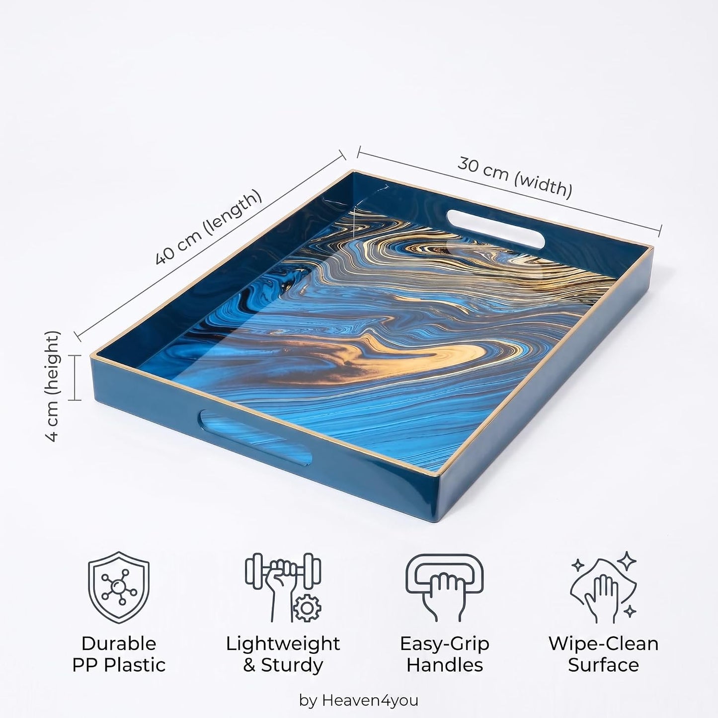 Heaven4you Premium Luxury Decorative Rectangular Serving Tray with Handles – Gloss Blue Marble & Gold, 40x30cm