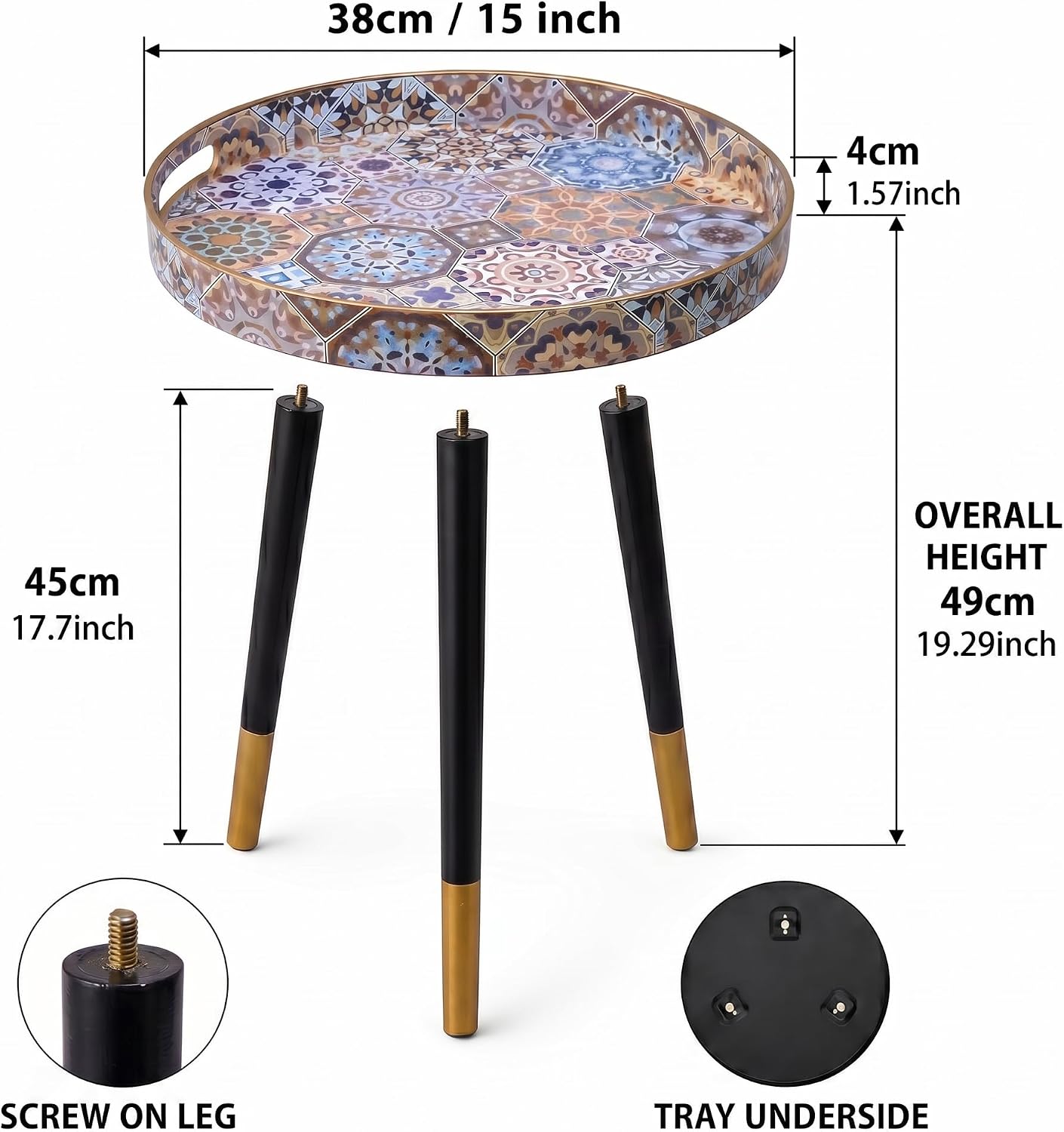 Heaven4you Round Bedside End Table – Boho Mosaic 2 Mandala Pattern, Natural Wooden Legs