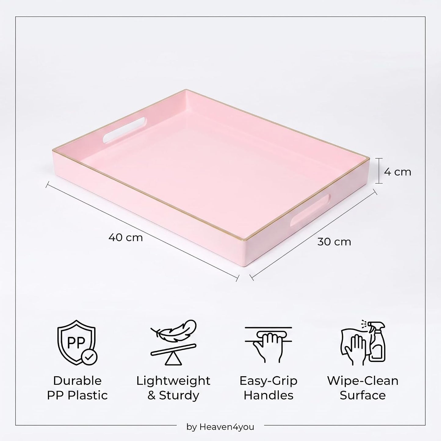 Heaven4you Premium Luxury Decorative Rectangular Serving Tray with Handles – Gloss Pink & Gold, 40x30cm
