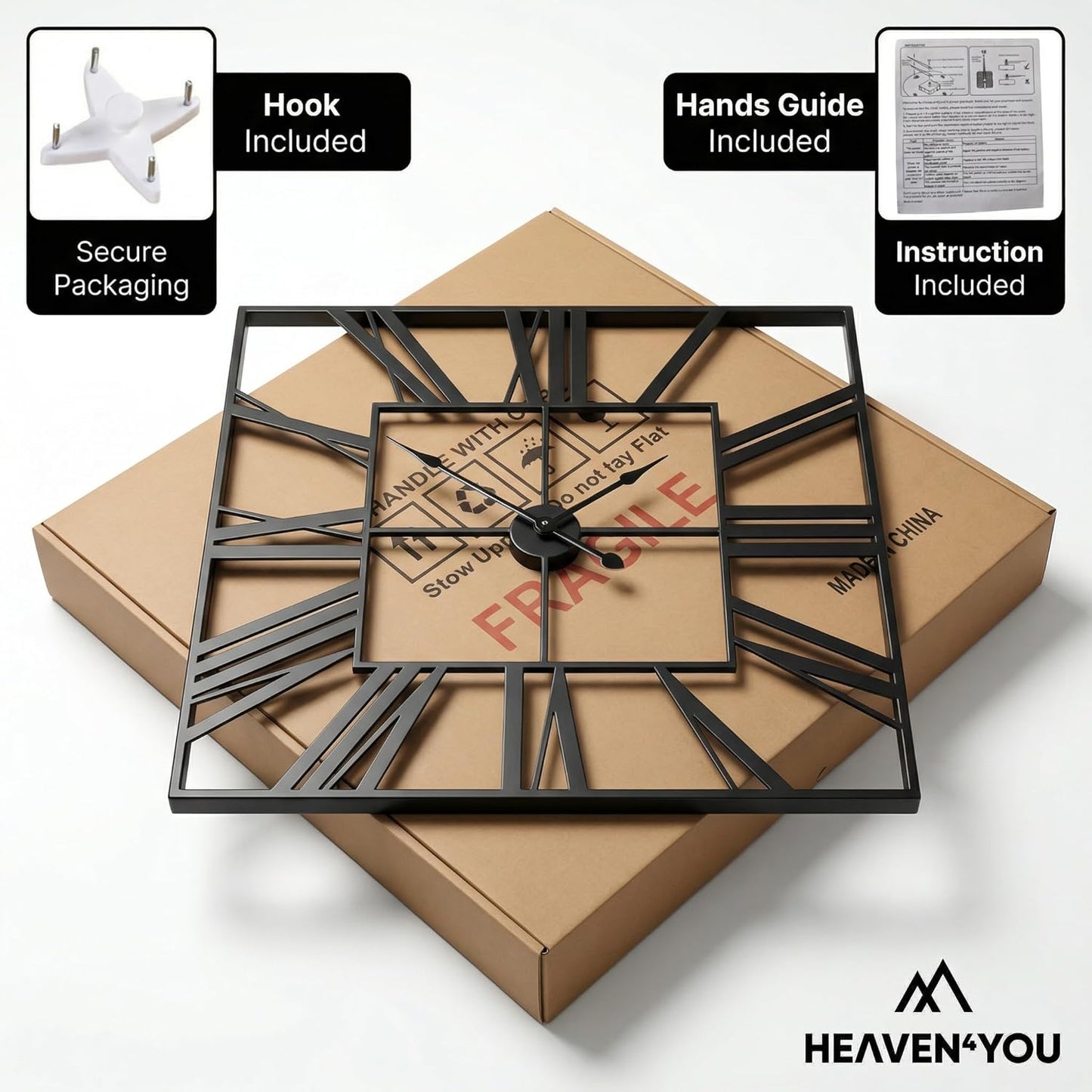Heaven4you Large Square Metal Skeleton Roman Numeral Wall Clock – 60cm Black