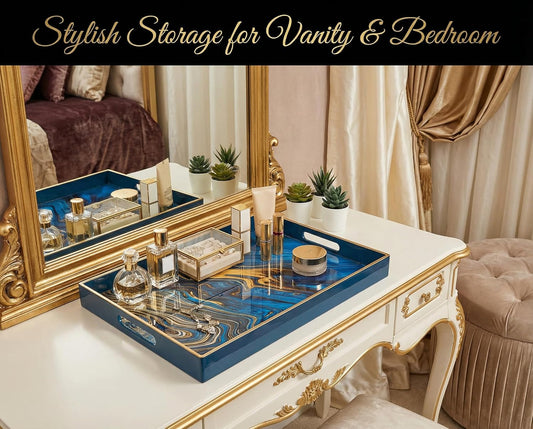 Heaven4you Premium Luxury Decorative Rectangular Serving Tray with Handles – Gloss Blue Marble & Gold, 40x30cm