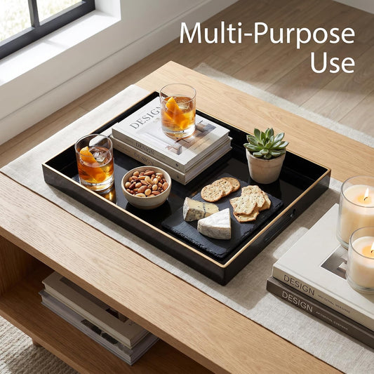 Heaven4you Premium Luxury Decorative Rectangular Serving Tray with Handles – Gloss Black & Gold, 40x30cm