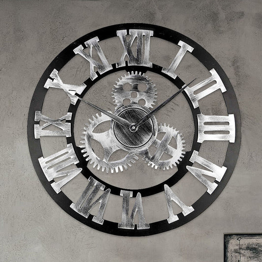 Large Indoor Wall Clock Big Roman Numerals Giant Open Face Wood/Metal for Living Room Bar Office Silver 60cm