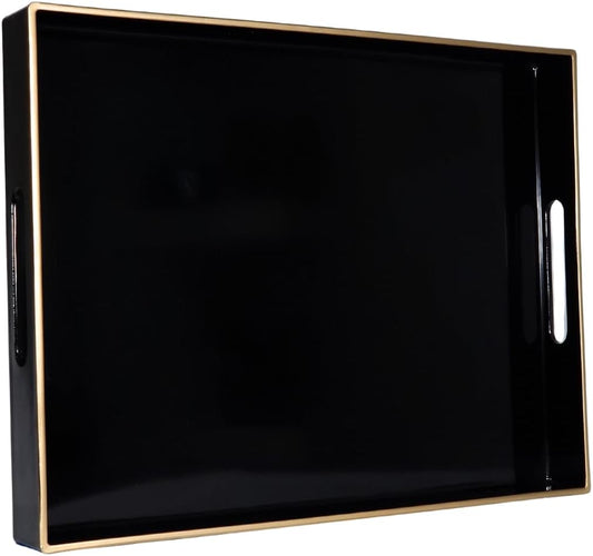Heaven4you Premium Luxury Decorative Rectangular Serving Tray with Handles – Gloss Black & Gold, 40x30cm