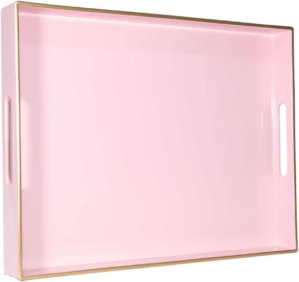 Heaven4you Premium Luxury Decorative Rectangular Serving Tray with Handles – Gloss Pink & Gold, 40x30cm