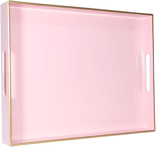 Heaven4you Premium Luxury Decorative Rectangular Serving Tray with Handles – Gloss Pink & Gold, 40x30cm
