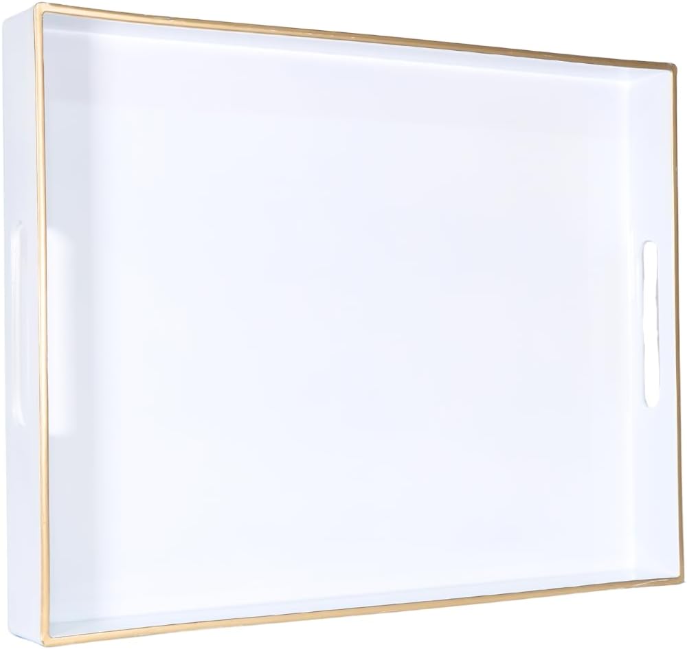 Heaven4you Premium Luxury Decorative Rectangular Serving Tray with Handles – Gloss White & Gold, 40x30cm