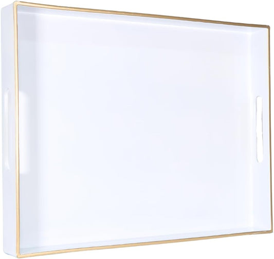 Heaven4you Premium Luxury Decorative Rectangular Serving Tray with Handles – Gloss White & Gold, 40x30cm