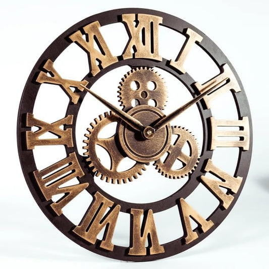 Large Indoor Wall Clock Big Roman Numerals Giant Open Face Wood/Metal for Living Room Bedroom Bar Office Gold 58 cm