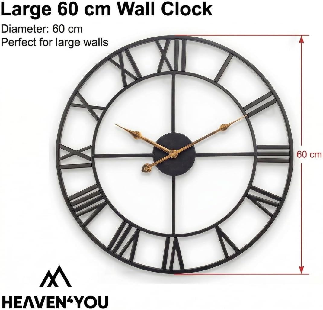 Heaven4you Large Premium Wall Clock – Roman Numerals, 60cm Black