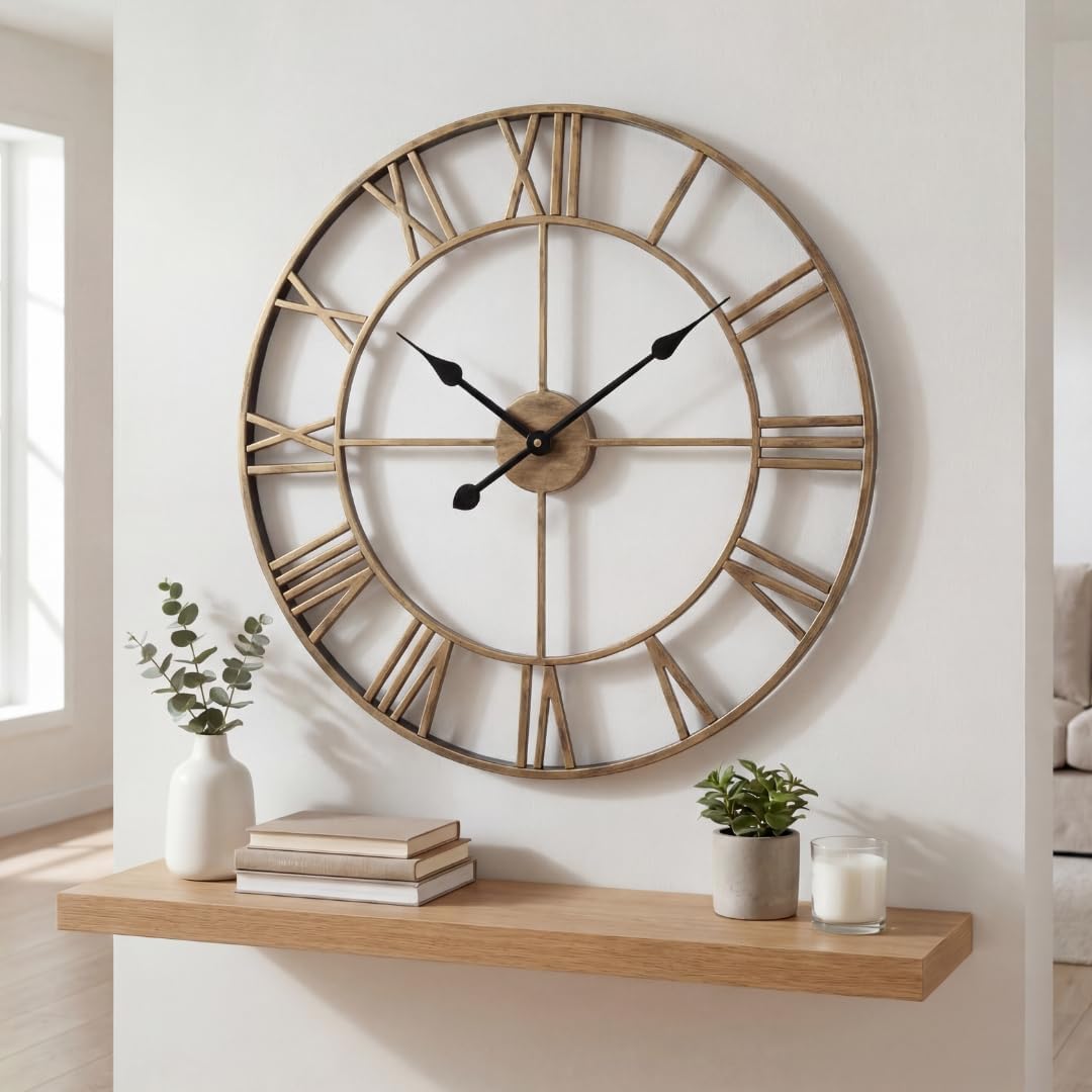Heaven4you Large Skeleton Metal Roman Vintage Rustic Wall Clock – Giant Open Face, 60cm Bronze