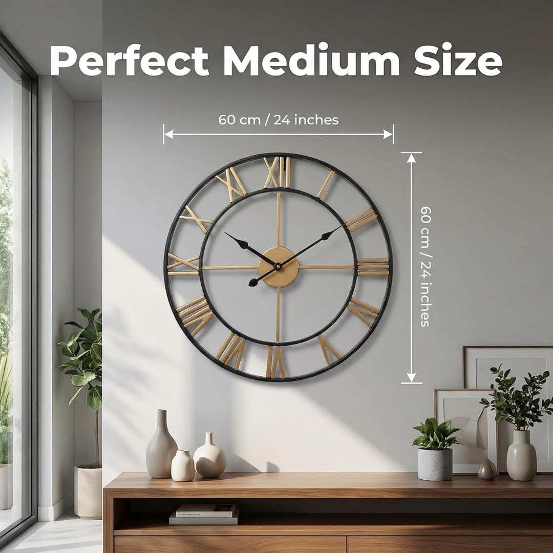Heaven4you Large Skeleton Metal Roman Numeral Wall Clock – Open Round Face, 60cm Gold/Black