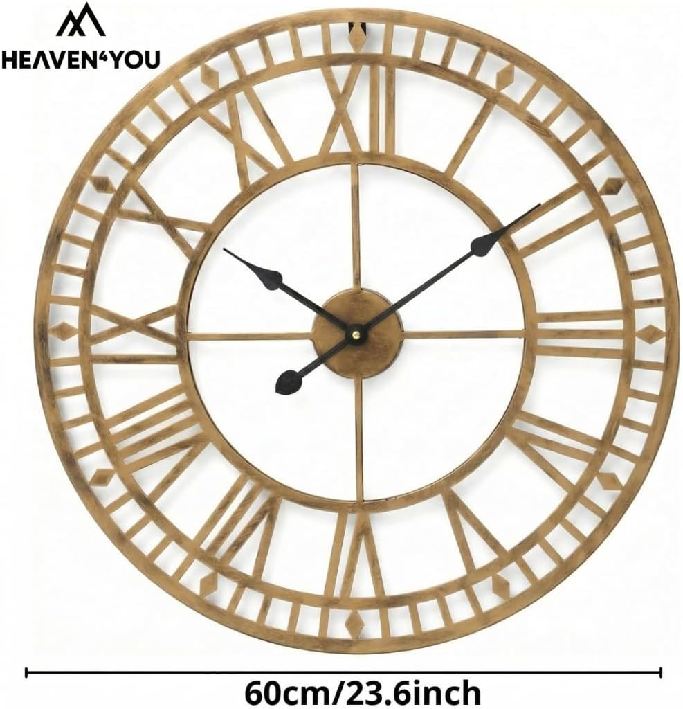 Heaven4you Large Giant Open Face Metal Roman Numeral Wall Clock – Bronze 60cm Indoor