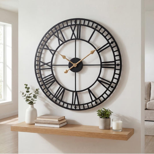 Heaven4you Large Giant Open Face Metal Roman Numeral Wall Clock – Black & Gold, 60cm