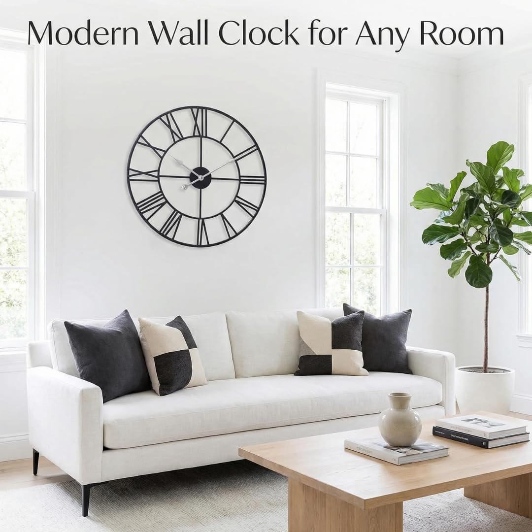Heaven4you Large Wall Clock Flat Roman Numerals Metal – Silent Open Face, 60cm Black
