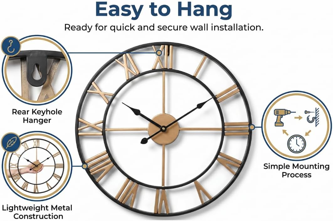 Heaven4you Large Skeleton Metal Roman Numeral Wall Clock – Open Round Face, 60cm Gold/Black