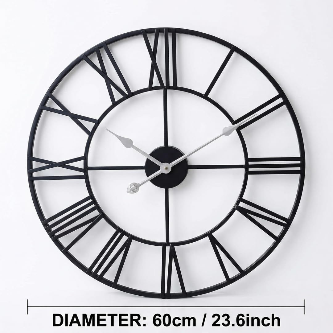 Heaven4you Large Wall Clock Flat Roman Numerals Metal – Silent Open Face, 60cm Black