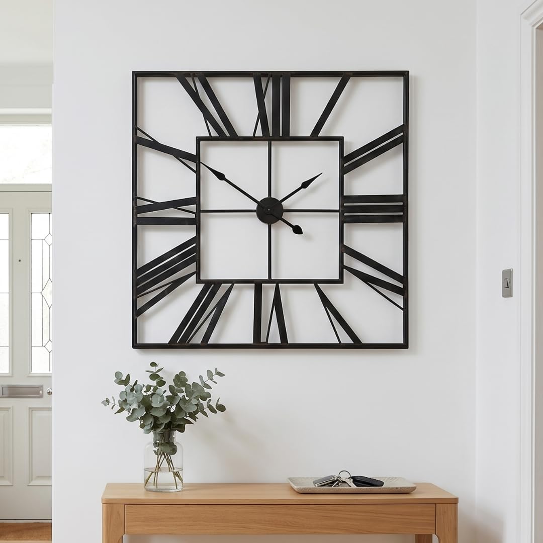 Heaven4you Large Square Metal Skeleton Roman Numeral Wall Clock – 60cm Black
