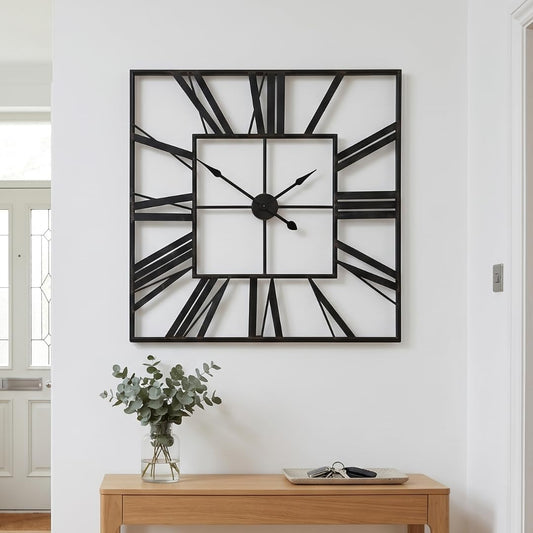 Heaven4you Large Square Metal Skeleton Roman Numeral Wall Clock – 60cm Black