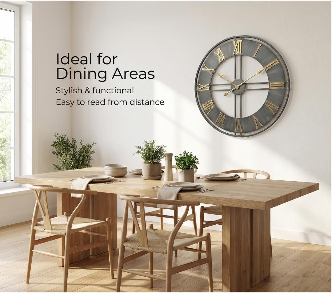 Heaven4you Industrial Roman Numeral Wall Clock – Silver & Gold, 60cm/24 Inch