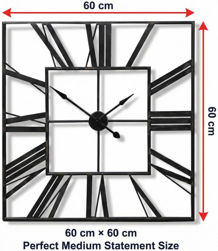 Heaven4you Large Square Metal Skeleton Roman Numeral Wall Clock – 60cm Black