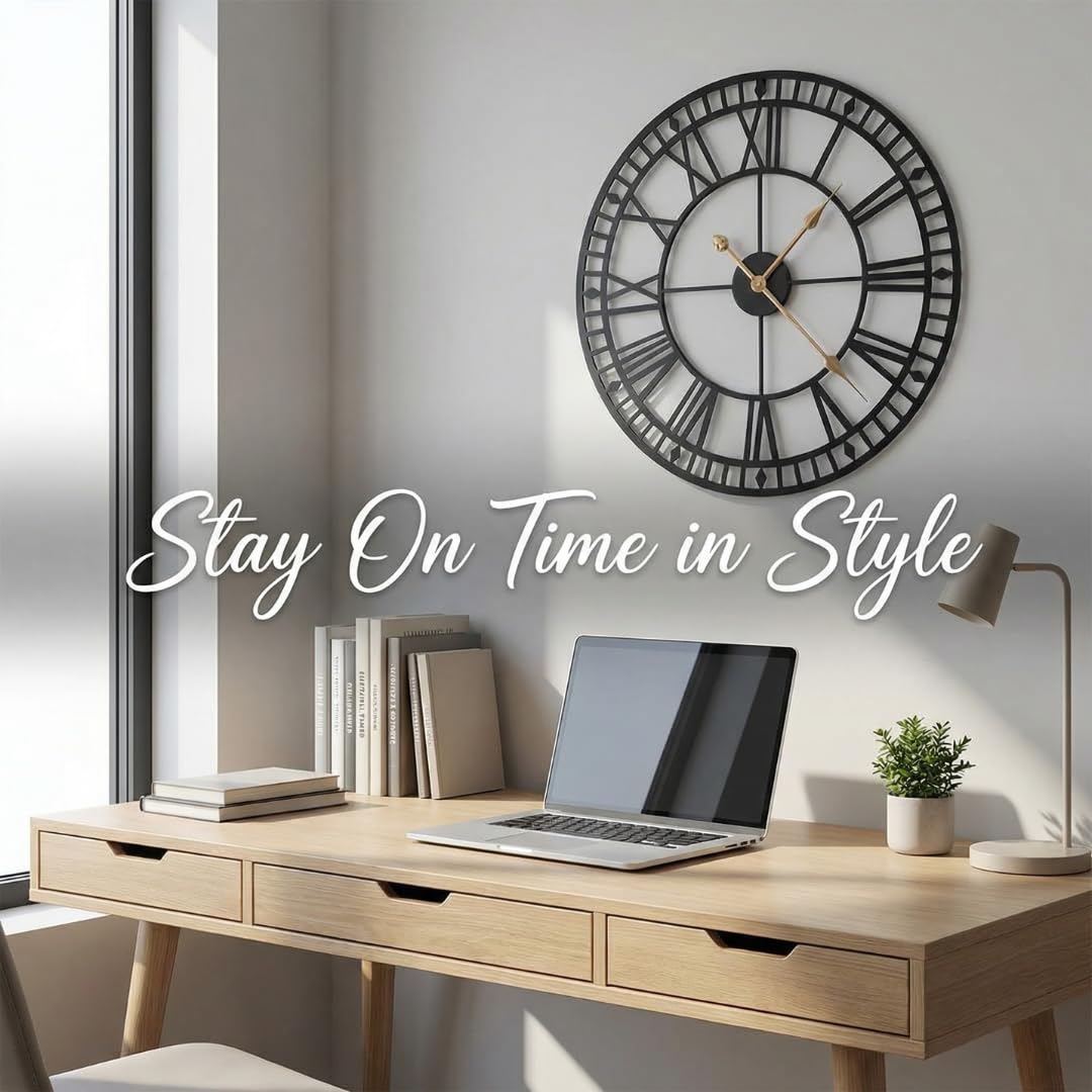 Heaven4you Large Giant Open Face Metal Roman Numeral Wall Clock – Black & Gold, 60cm