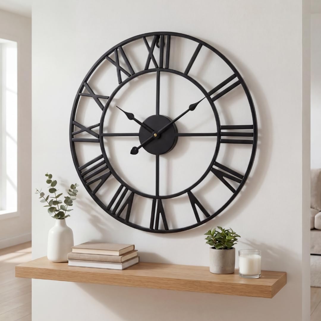 Heaven4you Large Wall Clock – Big Roman Numerals Metal Round Open Face, 60cm