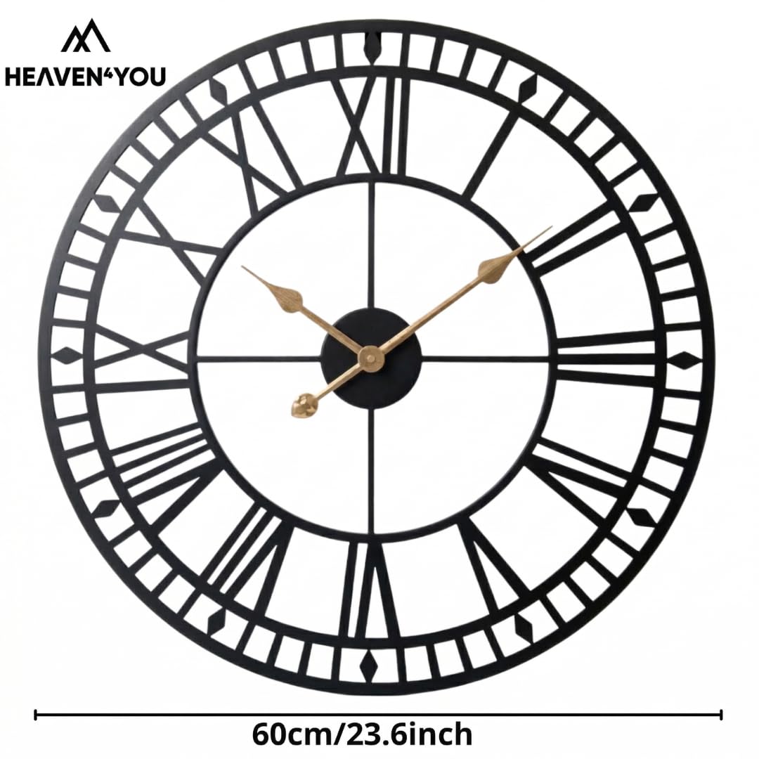 Heaven4you Large Giant Open Face Metal Roman Numeral Wall Clock – Black & Gold, 60cm