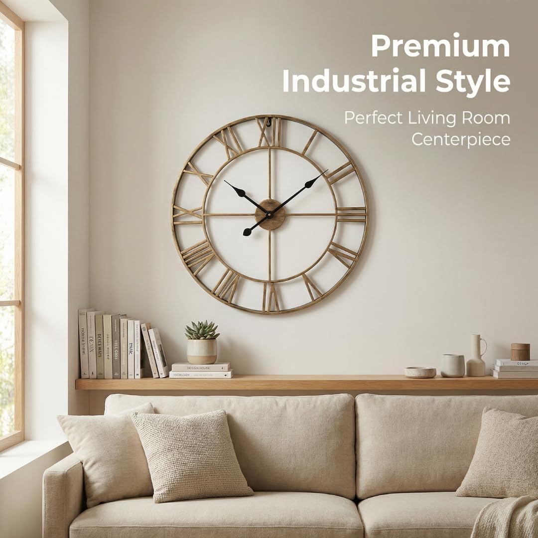 Heaven4you Large Skeleton Metal Roman Vintage Rustic Wall Clock – Giant Open Face, 60cm Bronze