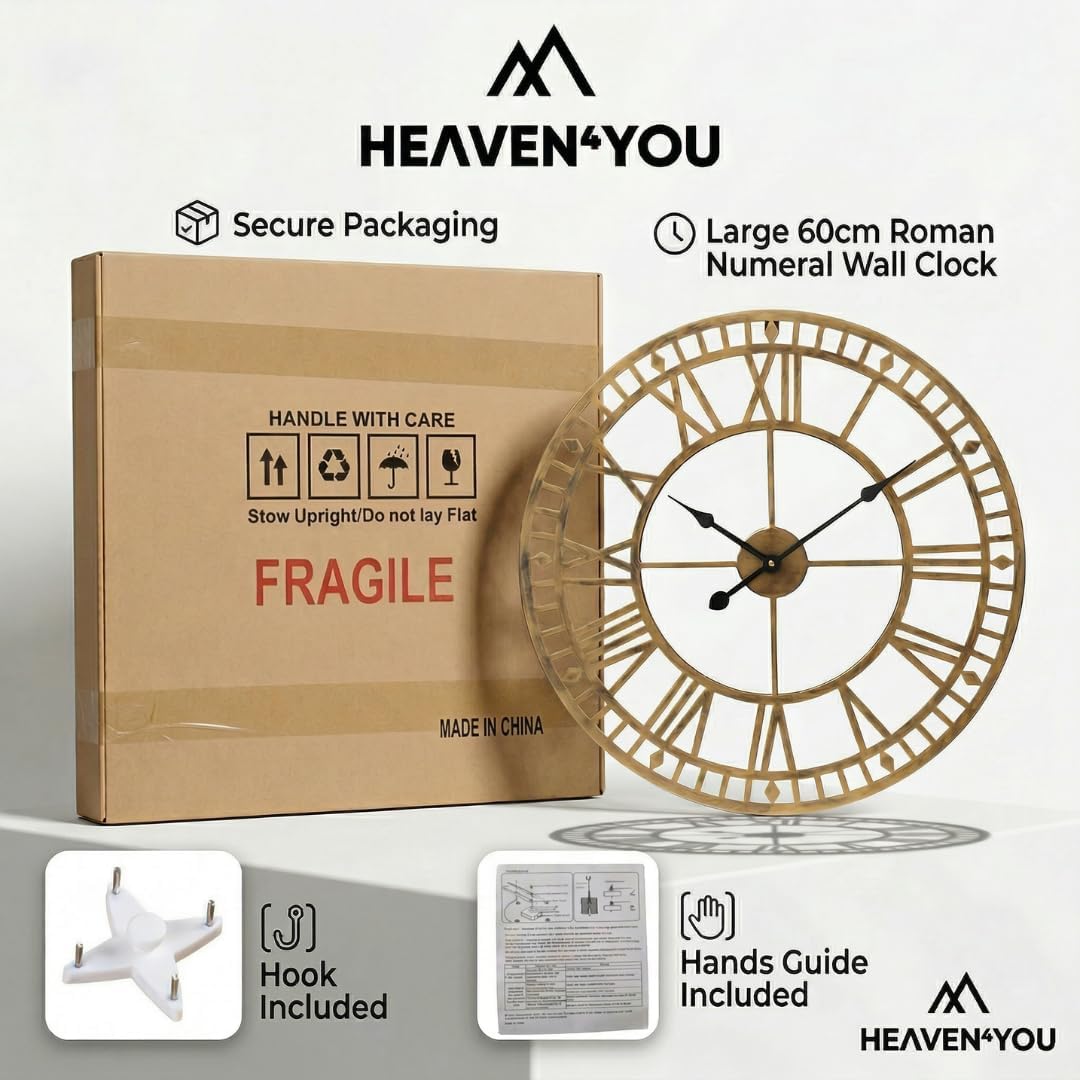 Heaven4you Large Giant Open Face Metal Roman Numeral Wall Clock – Bronze 60cm Indoor