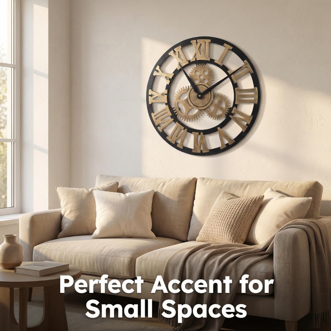 Heaven4you Large Roman Numeral Wall Clock – Open Face Wood Round, 60cm Gold