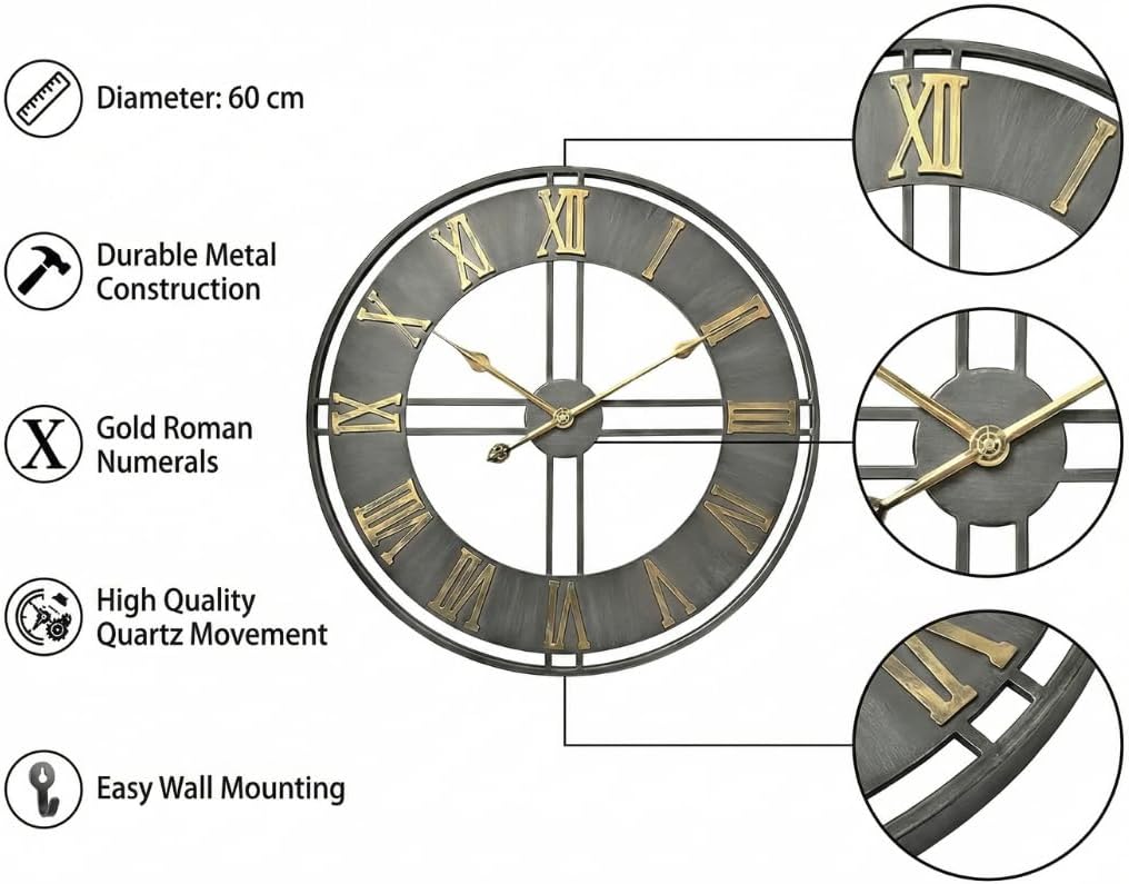 Heaven4you Industrial Roman Numeral Wall Clock – Silver & Gold, 60cm/24 Inch