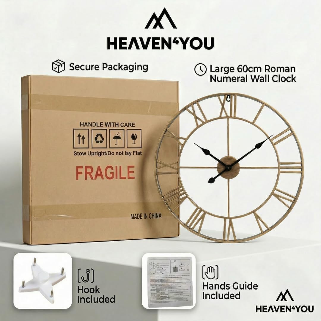 Heaven4you Large Skeleton Metal Roman Vintage Rustic Wall Clock – Giant Open Face, 60cm Bronze