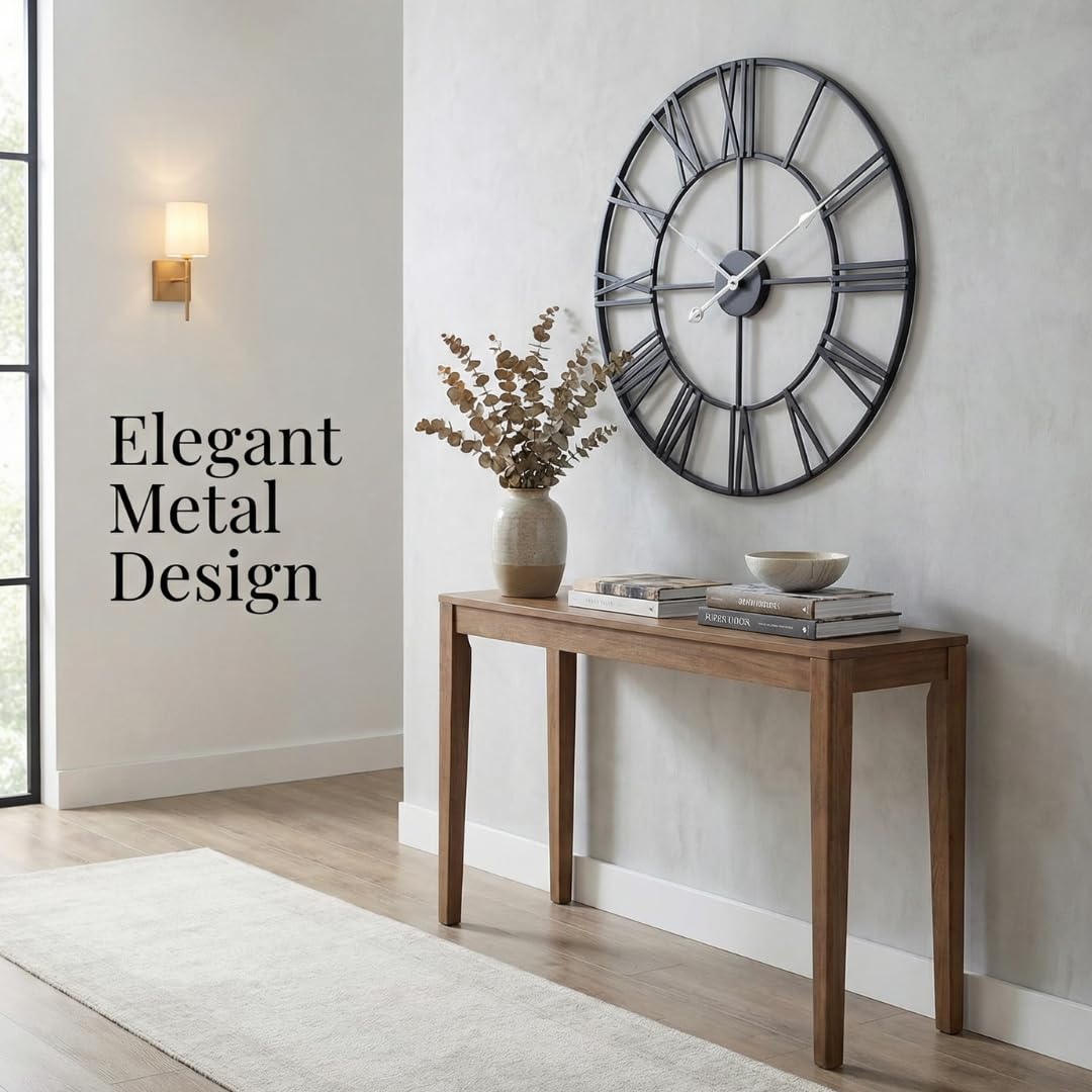 Heaven4you Large Wall Clock Flat Roman Numerals Metal – Silent Open Face, 60cm Black