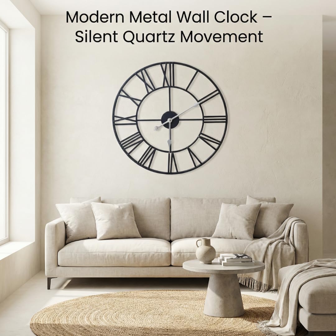 Heaven4you Large Wall Clock Flat Roman Numerals Metal – Silent Open Face, 60cm Black