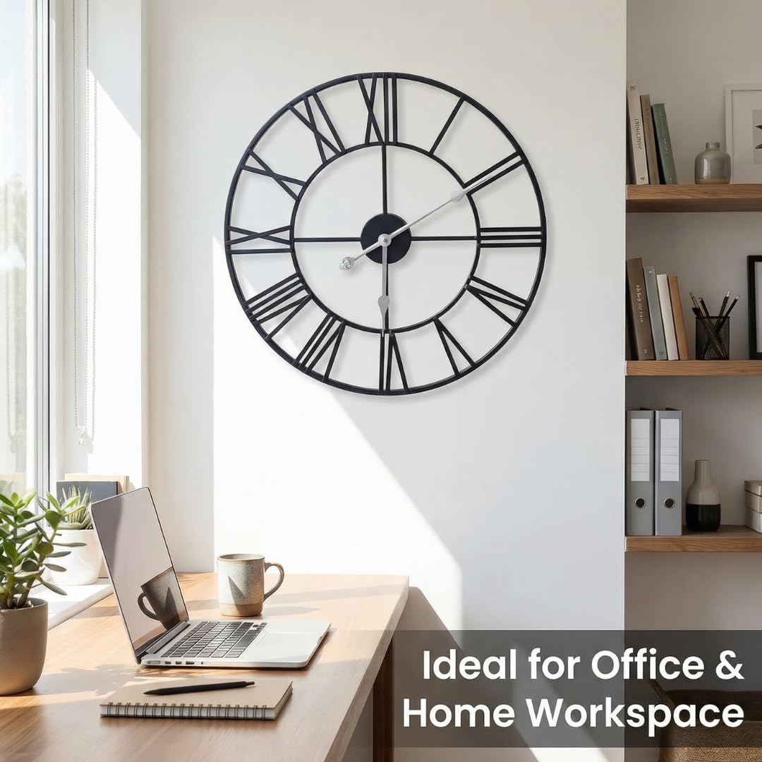 Heaven4you Large Wall Clock Flat Roman Numerals Metal – Silent Open Face, 60cm Black