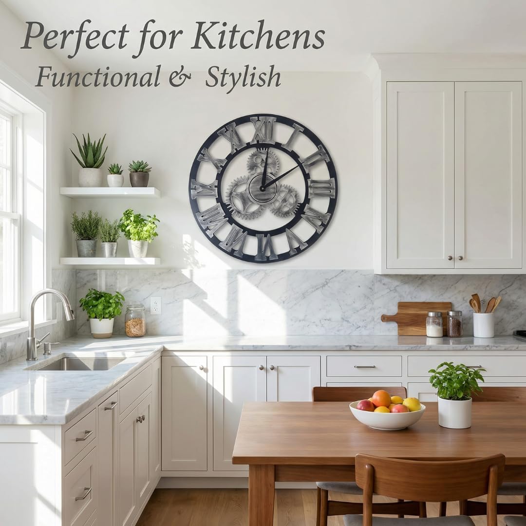 Heaven4you Large Roman Numeral Wall Clock – Open Face Wood Round, 60cm Gold
