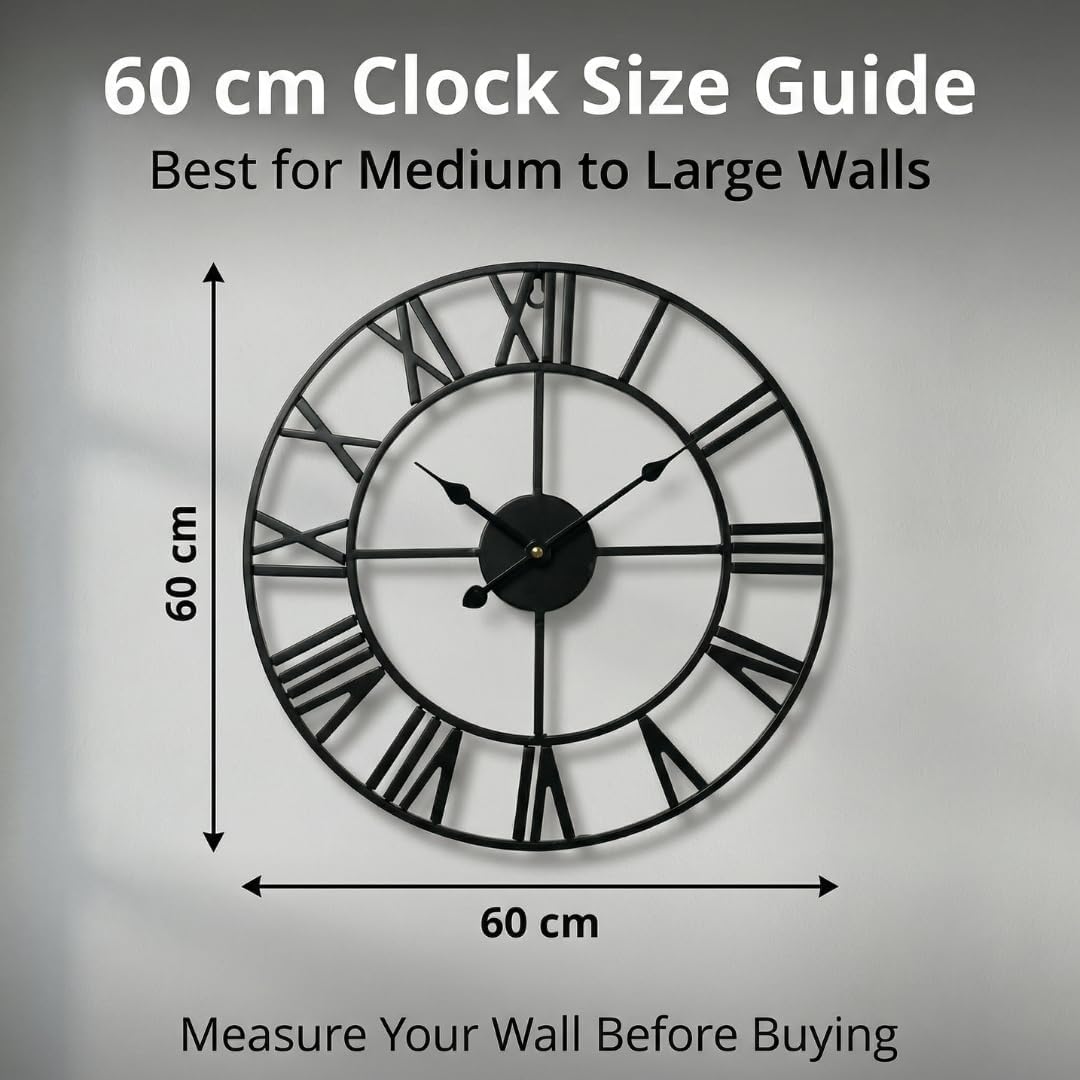 Heaven4you Large Wall Clock – Big Roman Numerals Metal Round Open Face, 60cm