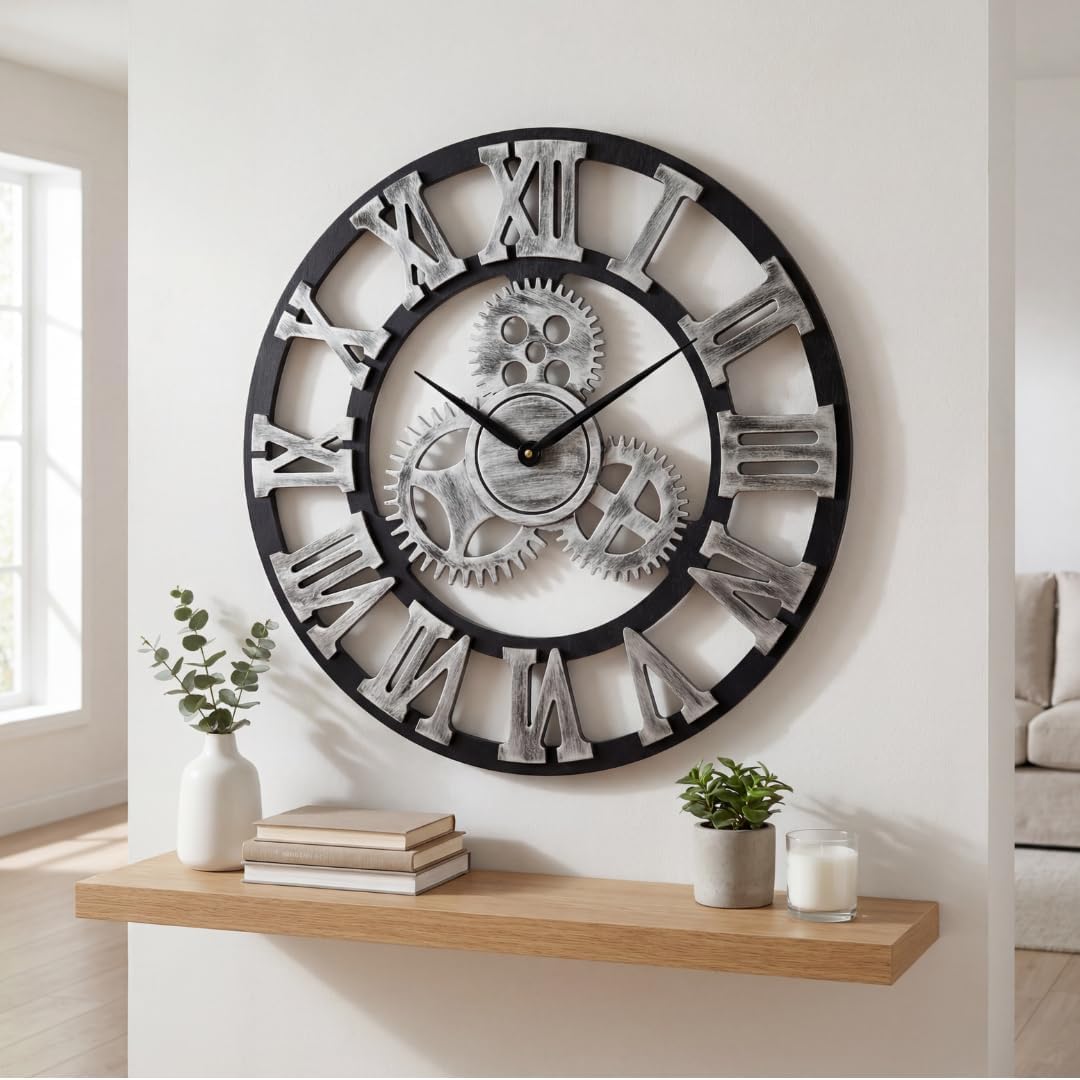 Heaven4you Large Roman Numeral Wall Clock – Open Face Wood Round, 60cm Gold