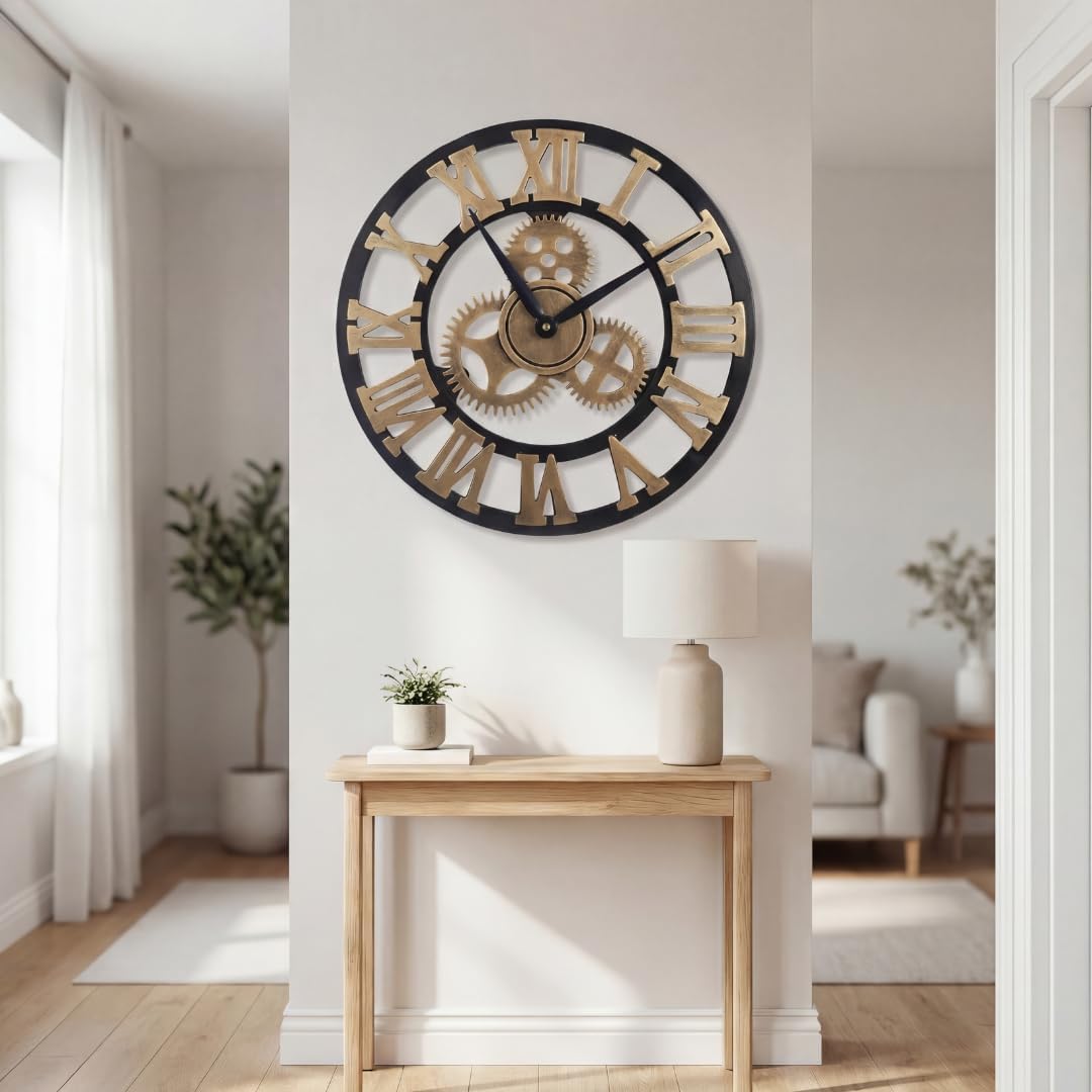 Heaven4you Large Roman Numeral Wall Clock – Open Face Wood Round, 60cm Gold
