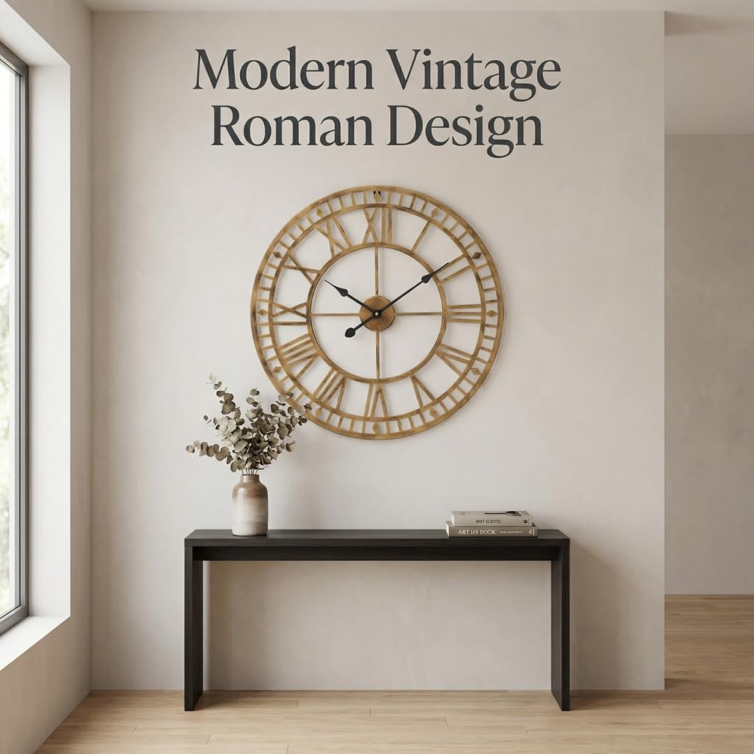 Heaven4you Large Giant Open Face Metal Roman Numeral Wall Clock – Bronze 60cm Indoor