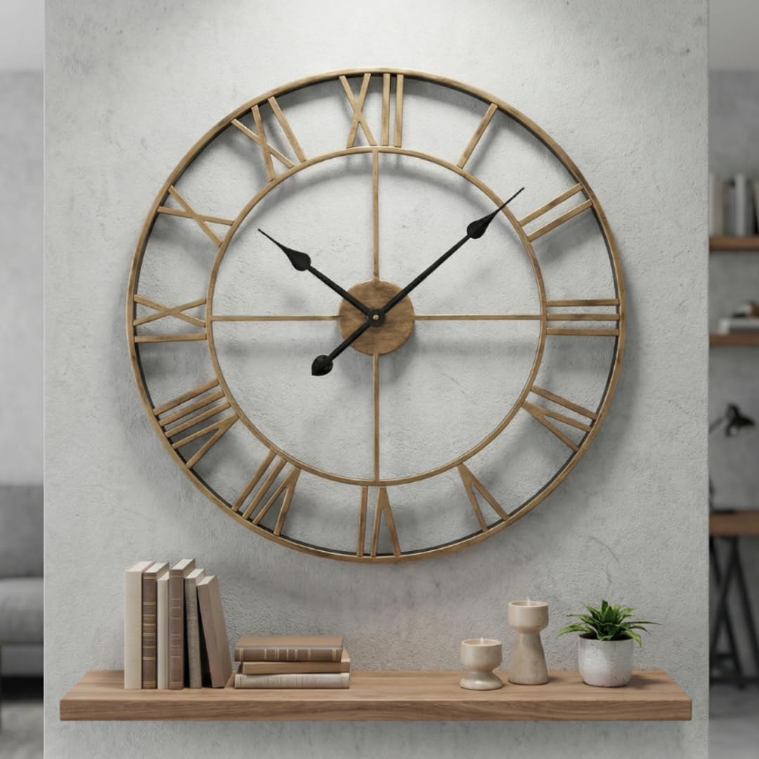 Heaven4you Large Skeleton Metal Roman Vintage Rustic Wall Clock – Giant Open Face, 60cm Bronze